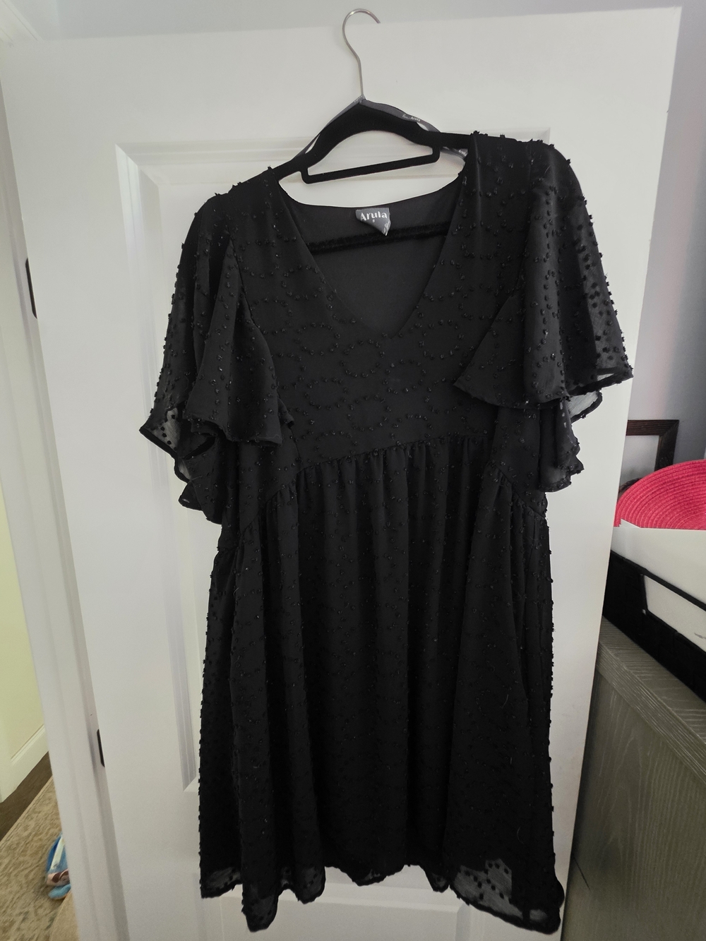 ARULA Black Textured Mini Dress with Flutter Sleeves